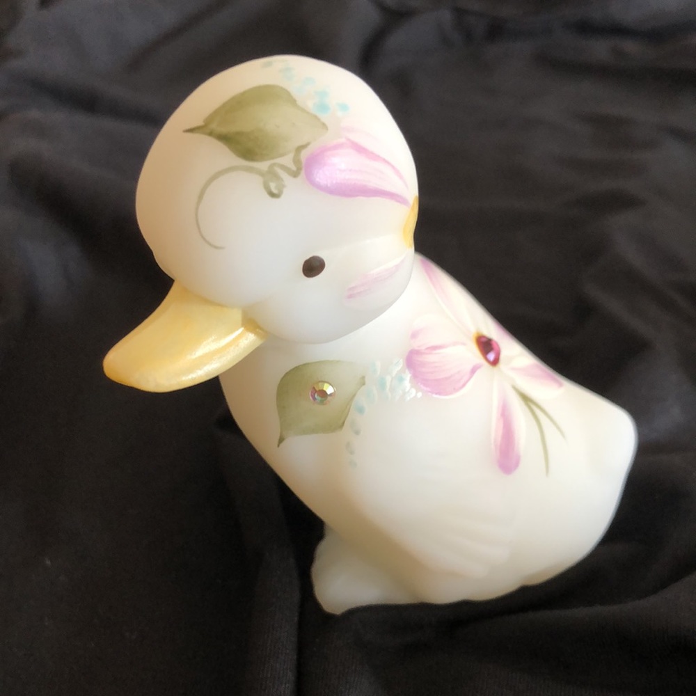 Fenton Opal Hand Painted Duck w/Swarovski crystals Dew Drop Collection Figure